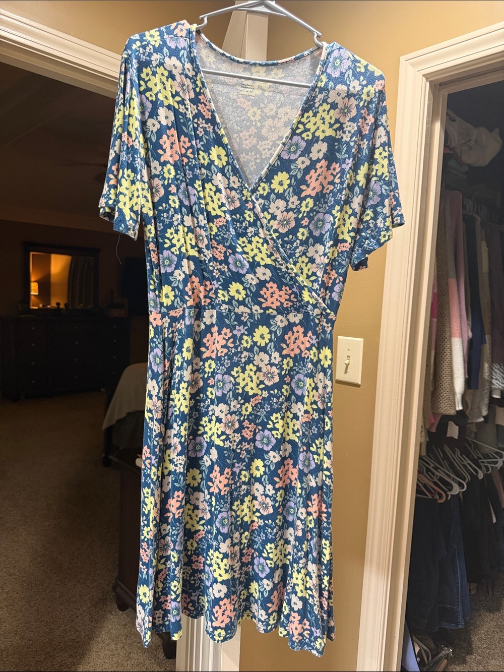 41 Hawthorn Blue Floral Wrap Midi Dress with Pink and Yellow Blooms